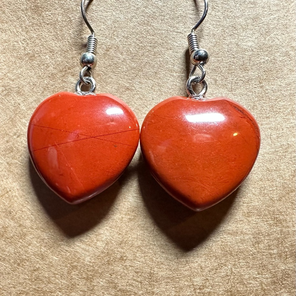 Red Jasper Heart Earrings. Beautiful hearts on stainless steel fish hooks